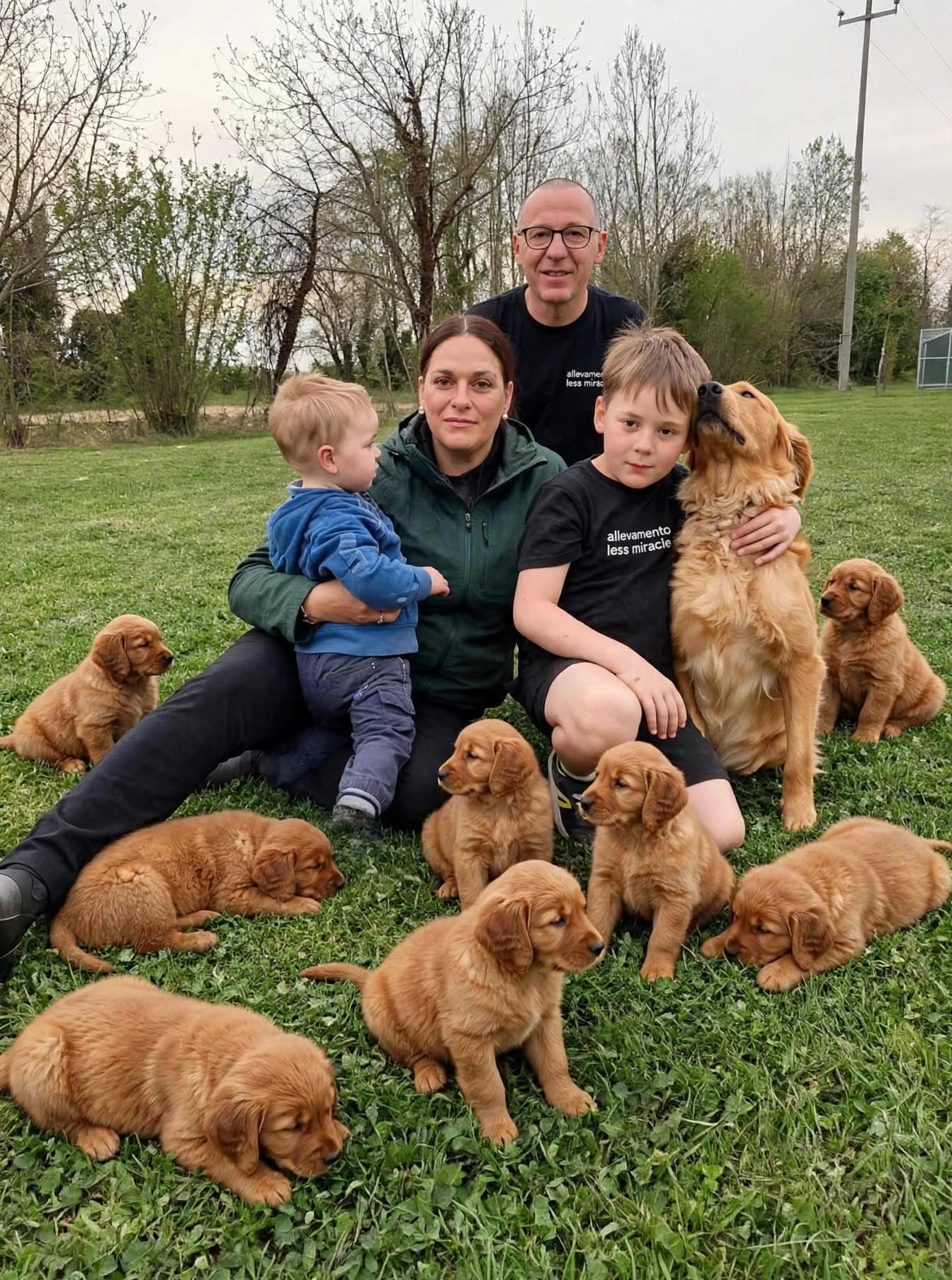 Silvia, Gabriele e i loro figli sul prato con un Golden Retriever adulto e una cucciolata