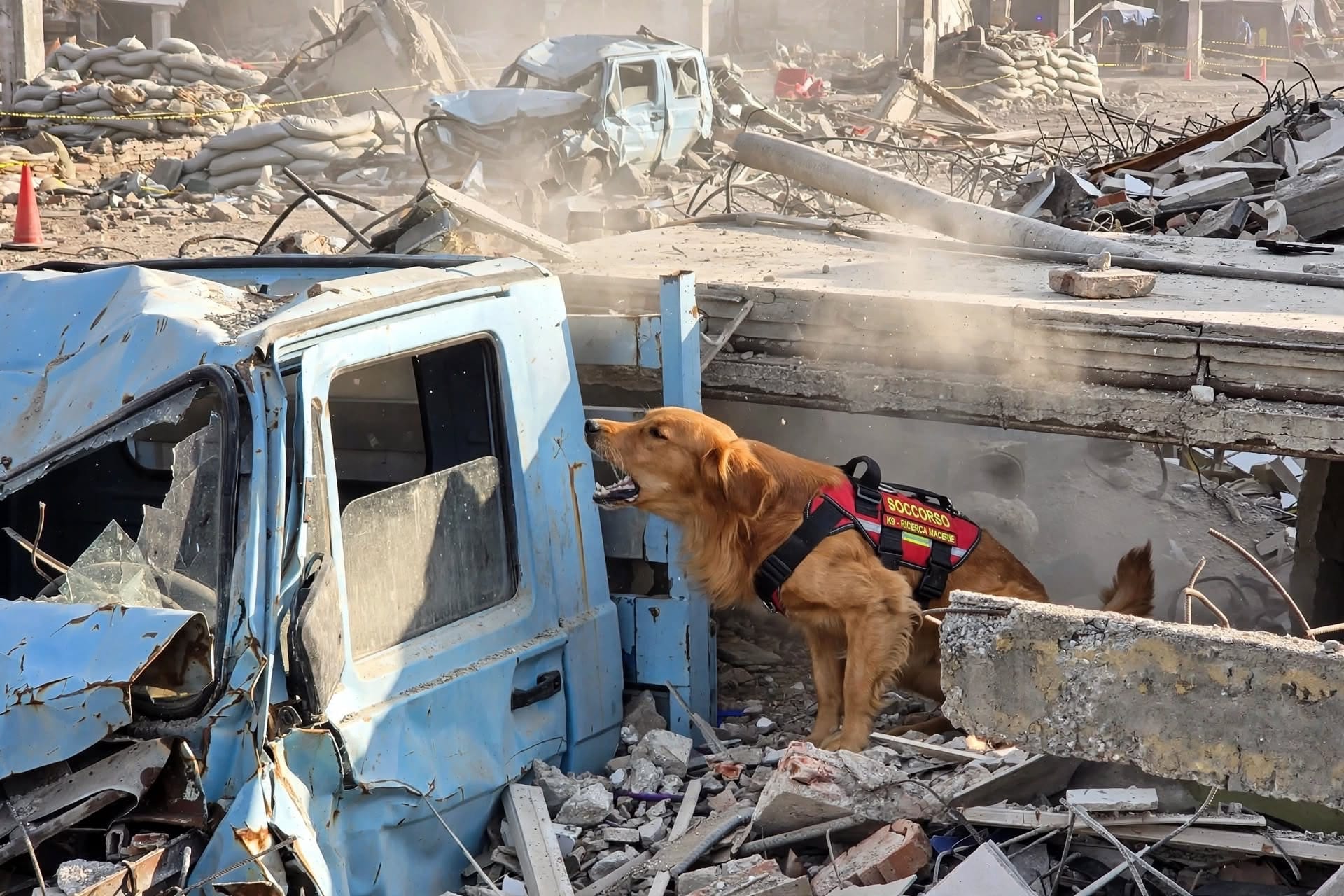 Golden Retriever da soccorso con pettorina K9 Ricerca Macerie che segnala tra le macerie