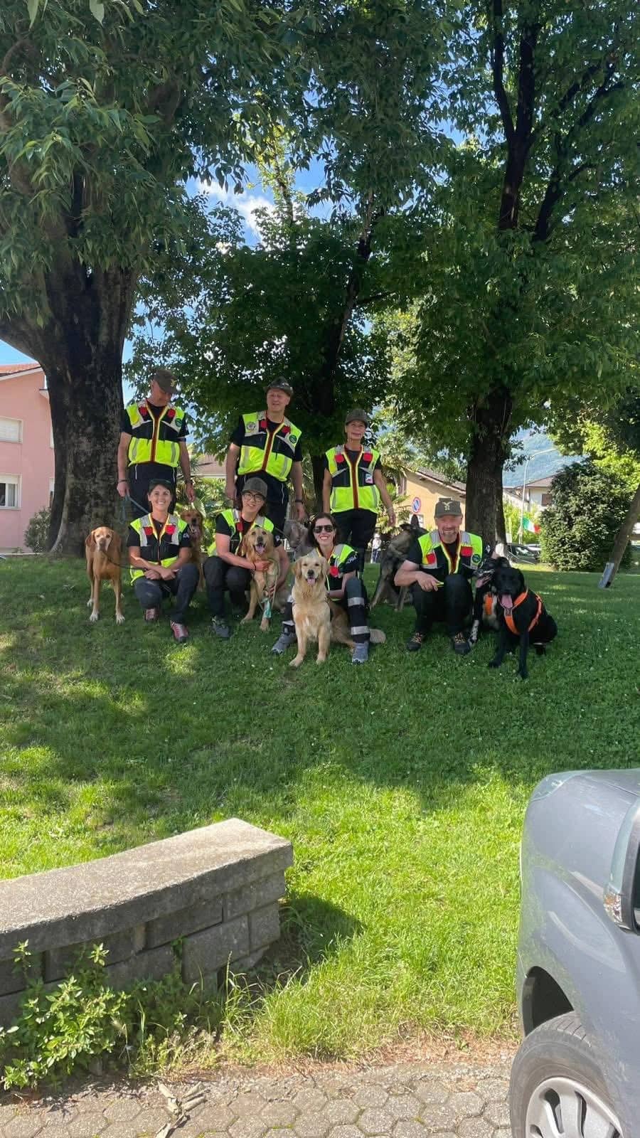 Squadra di unità cinofile da soccorso in pettorina alta visibilità con i loro cani